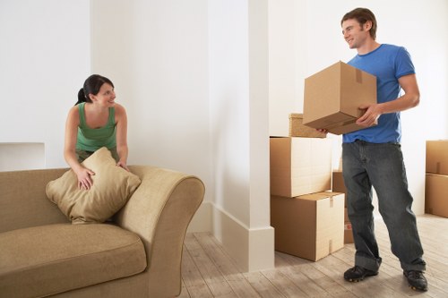 Removal helpers carrying boxes during a Clapham relocation